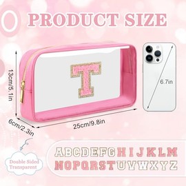 Mini Bolsa Transparente de Maquillaje con Inicial Personalizada, Nailon Claro Preppy A-Z con Parche Chenilla y Cierre, Pequeña y Bonita Bolsa de Viaje
