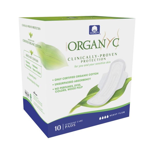 Organyc 100% Certified Organic Cotton Feminine Pads, Sanitary Napkin, Heavy Flow, 10 Count