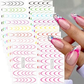 16pcs French Tip Nail Stickers 3D French Nails Stickers Colorful Gradient French Tip Stickers for Nails Design Water Transfer French Nail Sticker Nails French Tips Nail Decals for Nail Art Supplies