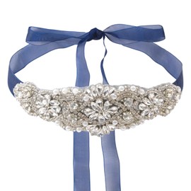 URROMA Navy-blue Wedding Bridal Organza Belts, Wide Crystal Rhinestone Beaded Handcrafted Sparkle Sewn for Women Accessories Dress Matching, 2.8 meters