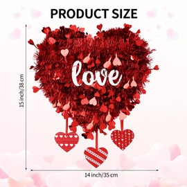 ANVAVO Valentines Day Wreath Valentine Heart Shaped Wreath Garland Red Tinsel Wreath Indoor Outdoor Decorations Wall Door Window Hanging Decor for Valentines Day, Engagement, Proposal, 15 Inch