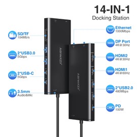 USB C Docking Station Dual Monitor 14 in 1 USB-C Hub Multiport Adapter Dongle with Dual HDMI, Displayport, Ethernet, PD 100W, 2 USB C/A 3.0, 2 USB 2.0, SD/TF, Mic/Audio for Dell/HP/Lenovo/MacBook Air