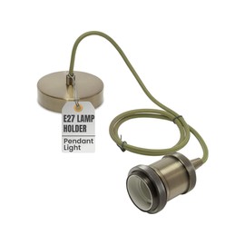 LEDSone Green Brass Vintage Metal Ceiling Pendant Light Fitting, Army Green Round Braided Flex 1m Cable, E27 Lamp Holder Suspended Pendant Light Fitting Kit