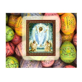 Religious Gifts Resurrection of Christ Icon and 6 Hand Painted Wooden Ukrainian Easter Eggs Pysanky 2 5/8 Inch