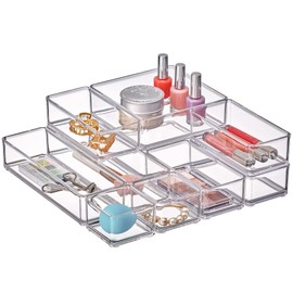 Amazing Abby - QuickSort - Plastic Stackable Organizers (10-Piece Set) for Vanity and Desk Drawer, Perfect Storage Solution for Beauty Products, Office Supplies, Decorative Items, and More