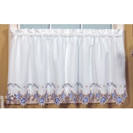 Today's Curtain Verona Reverse Embroidery Window Tier, 36-Inch, White/Blue