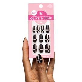 Olive & June Super Stick Mani Press-On Nails | Medium, Oval | No Glue Needed | 32 Tab Nails in 16 Sizes | Non-Toxic Tabs | Easy On-Off, Non-Damaging | Realest Look | 7-Day Wear | Geometric Plaid