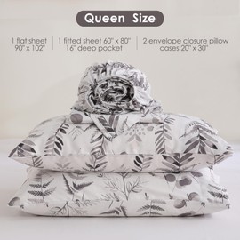 JSD White Grey Floral Cotton Sheet Set Queen Size, 300 TC Printed Sateen Bed Sheets Deep Pocket, Soft Breathable Wrinkle Free