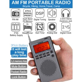 ZHIWHIS Portable Radio, AM FM Stereo Receiver, DSP Small Pocket Radios Operated by AA Batteries, Digital Clock/Presets/Start Timer/Sleep Timer for Walking/Running ZWS-903