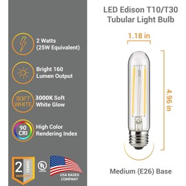Diodesy- Pack of 6 T10/LED/FS/2W/930/6PK T10 LED Tubular Light Bulb, Dimmable Edison Bulb, 2W (25W Equivalent), 3000K Soft White, Clear Tube Glass E26 Base for Pendant Light, Wall Sconces, Desk Lamp