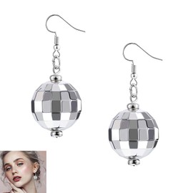 Disco Ball Earrings, Funny Earrings Women, Disco Ball Accessories, Disco Ball Costume, for Women and Girls, Retro Disco Themed Party Costume Accessories (Silver)
