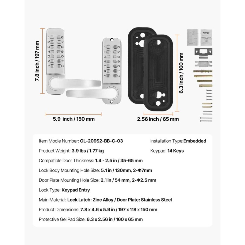 14-Key Mechanical Keyless Entry Smart Lock Double-Sided Stainless Steel Door