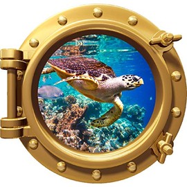 24" Port Scape Coral Reef Hawksbill Sea Turtle Porthole Bronze 3D Window Wall Decal Vinyl Sticker Ocean Fish Under Water Sea Life Beach Kids Room Decor