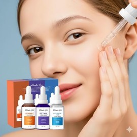 Set de 3 Serums con Vitamina C, Retinol y Ácido Hialurónico para Firmeza e Hidratación Facial, Kit de Regalo de Viaje