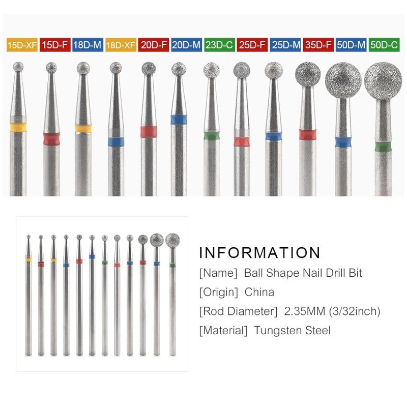 Rolabling Ball Shape Diamond Nail Drill Bit 3/32" Cuticle Gel