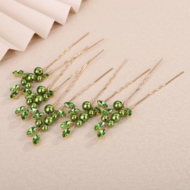 Teyglen 5pcs Bride Green Rhinestone Wedding Hair Pins Set Bridal Crystal Pearl Hair Pins Clips Elegant Hair Jewelry Accessories for Women Crystal Wedding Head Piece (Green)
