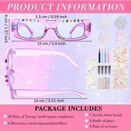 Relaxweex 24 Pairs DIY Sunglasses Decorating Kit Popular Singer Party Favors Friendship Glasses Craft Bulk with Letter Beads Glue Tweezers Acrylic Diamond and Pearl Stickers for Women (Square Shape)