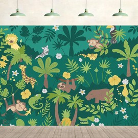 7x5ft Jungle Forest Backdrop Cartoon Animals Monkey Giraffe Palm Tree Green Background Birthday Baby Shower Party Supplies Wall Hanging Decor Kids Children Portrait Photo Studio Props