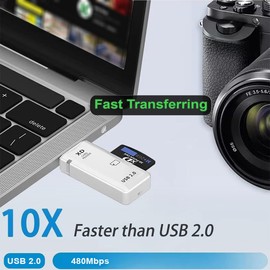 USB 2.0 Card Reader Fast Data Transfer for SD, and CF Cards, SD Card Reader Portable, Plug & Play, Memory Card Adaptor for Fuji and Olympus Cameras Compatible with Windows/Mac (White)
