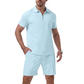 QIXING Mens Shorts and T shirt Sets Polo Colloar Mens Summer 2 Piece Holiday Clothes Co ord Shorts Set with half Zip Tracksuit (Light Blue, XXL)