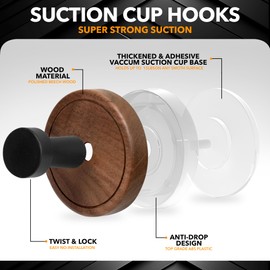 Besti Shower Suction Cup Hooks, Strong Suction Power, Towel Hooks for Shower Glass Door, Bathroom, Kitchen, Mirrors, Tiles, Holds up to 11 lbs, Ideal for Towels, Bath Robes, Coats (Walnut-Black)