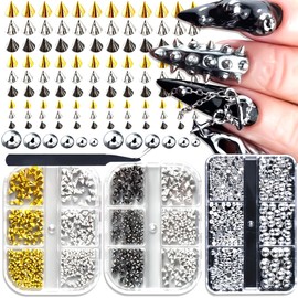 3 Boxes Goth Punk Nail Charms Metal Rivet Studs and Half Round Caviar Beads for Nails, 3D Alloy Cone Spike Studs Mini Rivet Studs Nail Supplies for Women DIY Manicure Decoration Accessories