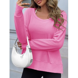 Fisoew Womens Casual Crewneck Sweatshirt Waffle Knit Long Sleeve Side Slit Loose Fit Fall Shirts Tops Pink