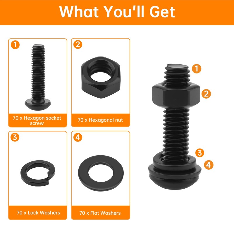 CLAHJQX 280 Pcs Black Bolts and Nuts Kit - M5-0.8