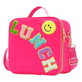 MEEYUU Insulated Lunch Bag Nylon Preppy Boys Girls Lunch Box Large Insulated Lunch Bag Reusable Lunch Tote Bag with Smiley Preppy LunchBag for Girls School Travel Picnic Adjustable (Rose Red)