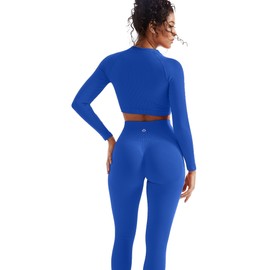 SUUKSESS Women 2 Piece Workout Sets Hidden Scrunch Hip Lifting Seamless Leggings Long Sleeve Yoga Crop Tops High Waisted Yoga Pants (Blue, M)