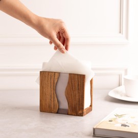 LAVAUK Acacia wood & Transparent Epoxy resin Napkin holder for table, Rustic farmhouse napkin organisation for kitchen, dining, counter tops, restaurant or outdoors | 6x5x2.5 inches|(Gray)