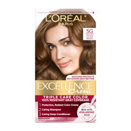 L'Oreal Paris Excellence Crème Permanent Hair Dye, Triple Care Hair Color with Pro-Keratine Complex for 100% Gray Hair Coverage, 5G Medium Golden Brown, 1 Kit