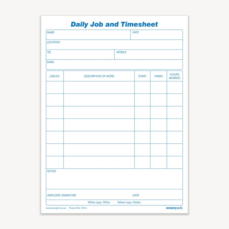 Ocean Pads Daily Job and Time Sheet Book Duplicate A5