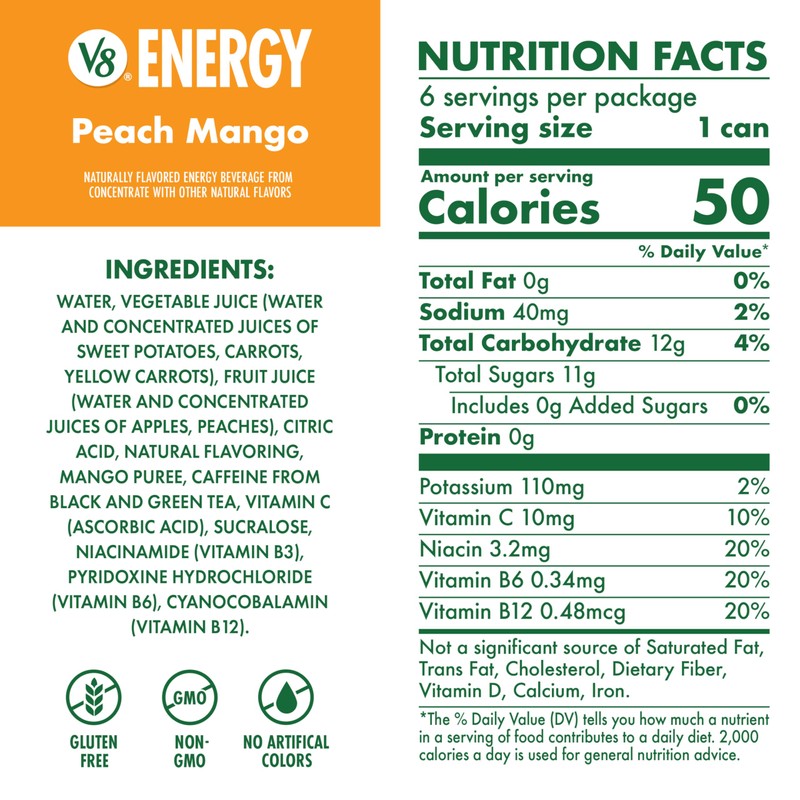 V8 Energy Peach Mango Energy Drink, 8 fl oz Can