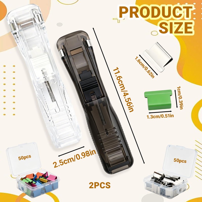 2 PCS Portable Binder Clip Stapler with 100 PCS Reusable
