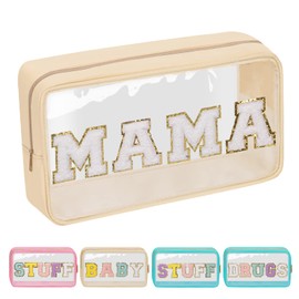 Iqimott Preppy Patch Clear Mama Bag, Women Chenille Letter Makeup Cosmetic Bag for Travel, Nylon Waterproof Organization Outdoor Zipper Pouch Toiletry Bag for Women Girls(Beige)
