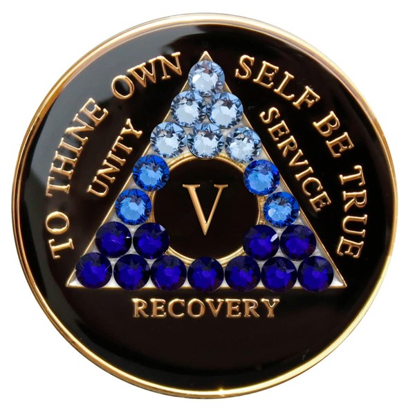 Sobriety Chip AA Blue Transition Bling Crystallized Black Triplate (5