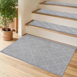 COSY HOMEER Edging Stair Treads Non-Slip Corner Indoor Stair Runners for Wooden Steps,Landing Slip Resistant Stair Rugs for Kids and Dogs, 100% Polyester TPE Backing,Grey,20"X32"
