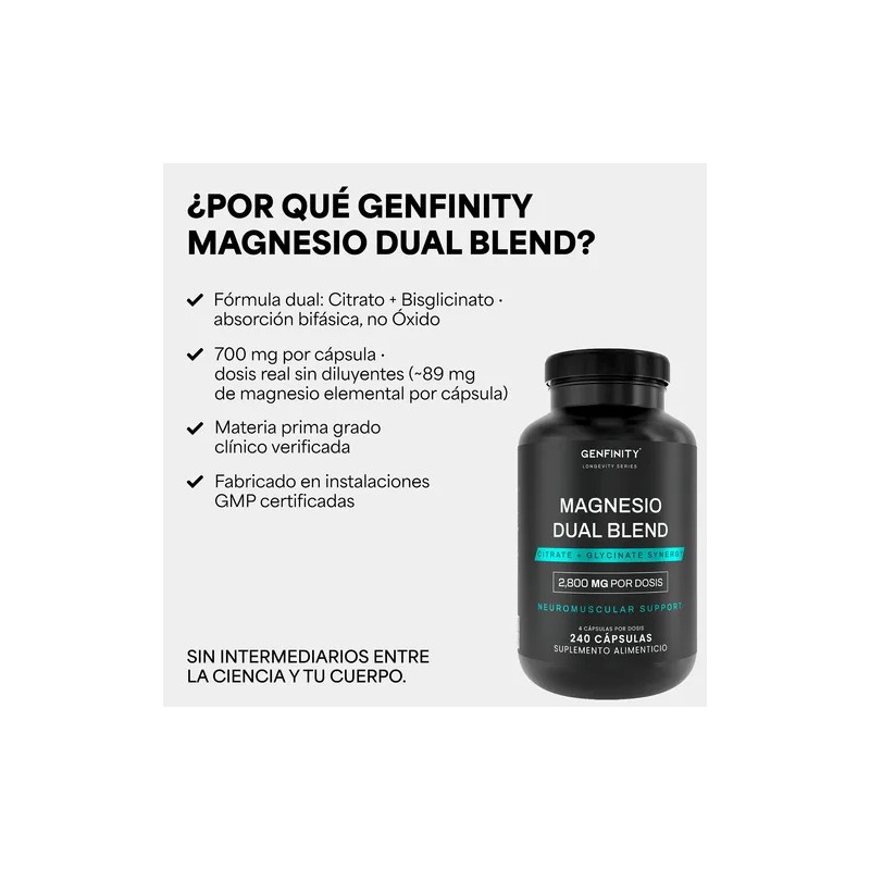 Magnesio Dual Blend Genfinity - 240 Cáps Citrato Y Glicinato