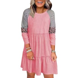 AIMITAG Striped Leopard Long Sleeve Ruffled Mini Dress Women Casual Vacation Loose Flowy Swing Shift Dress Funny Boho Dresses (Small,Pink)