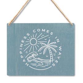 Lacosu Happiness Comes in Waves Hanging Wood Sign - Coastal Beachy Room Decor Aesthetic, Summer Room Decor, Beach Signs Wall Decor, Beach Themed Room Decor, Surf Room Decor, 8x10