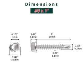 #8 x 1 Hex Washer Head Self Drilling Screws (100 pcs), 410 Stainless Steel Flanged Hex Sheet Metal Screws Tek Screws, Quick Self Tapping, Fayeploo