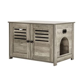 DINZI LVJ Litter Box Enclosure, Cat Litter House with Louvered Doors, Entrance Can Be on Left or Right Side, Spacious Hidden Cat Washroom for Most of Litter Box, Cat Furniture Cabinet, Grey Wash