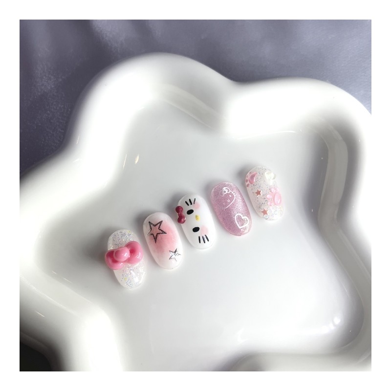 [Premium handmade embossed nail] Cutie Pink Cat - Almond Egg