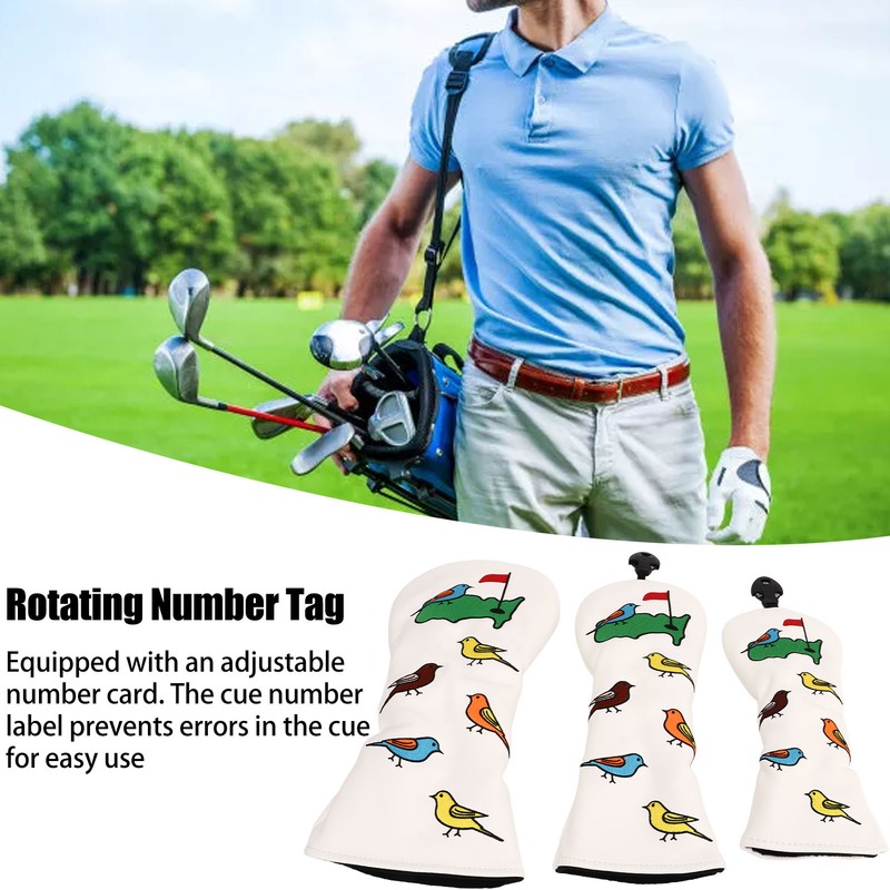 3PCS Golf Club Head Cover PU Waterproof Bird Pattern Golf