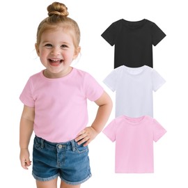 ZUEMET 3 Pack Baby Girls Short Sleeve T-Shirts Infant Soft Cotton Tee Toddler Girl Clothes Size 4T Black+White+Pink