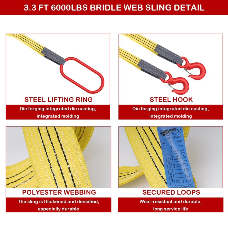 Lifting Slings Straps with Hooks, 3.3 Feet Two Leg Bridle