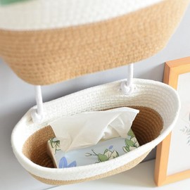 3 Levels Over Door Hanging Basket Wall Storage Cotton Rope Woven Hanging Basket Bedroom Living Room Bathroom Decorative Hanging Basket Clothes Storage Hanging Basket (White + Khaki)