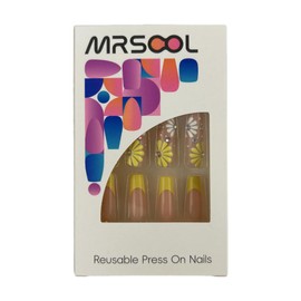 MRSCOL Long Press on Nails,Coffin Press on Nails with 3D Sunflower Design, Long Reusable 24pcs Nail Kit with Glue