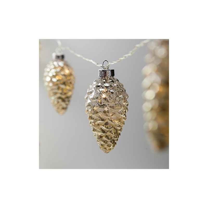 Wintergreen Lighting 6’ Mercury Glass Gold Star Lights/Gold Glass Pinecone